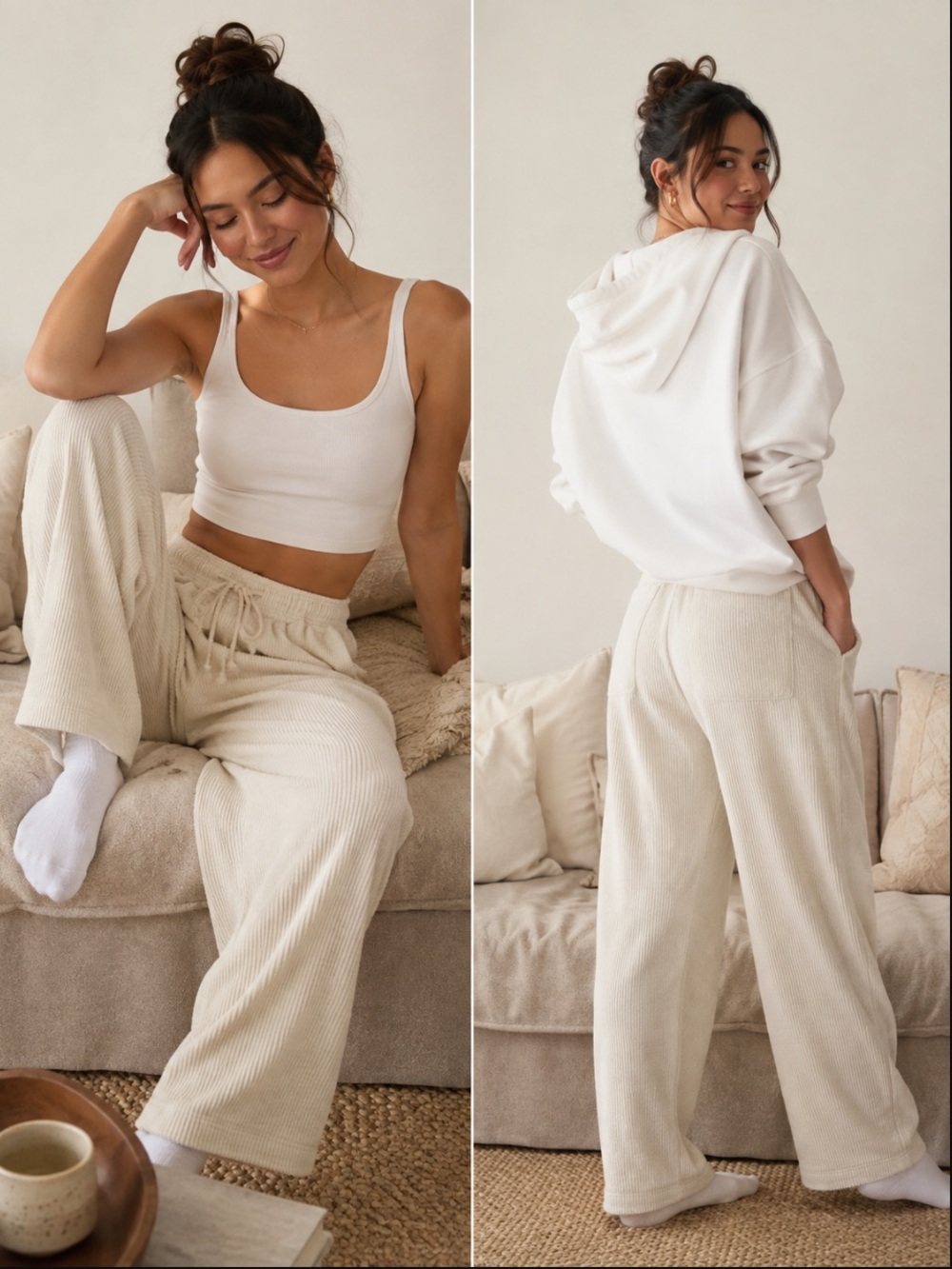 Aerie Ribbed Lounge Pants Cream Wide Leg Cotton Drawstring Pockets Trousers Med